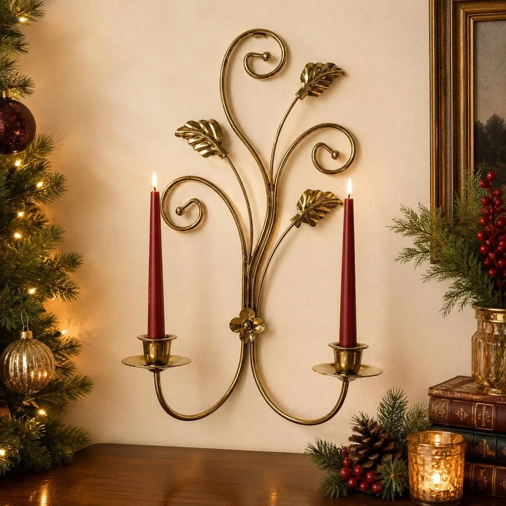 Vintage Brass Wall Sconce Double Candle Holder Leaf Scroll Hollywood Regency
